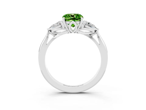 White gold Cushion Cut Peridot Three-Stone Ring with Pear Side Stones and Four-Prong Setting_15