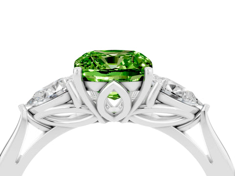 White gold Cushion Cut Peridot Three-Stone Ring with Pear Side Stones and Four-Prong Setting_16