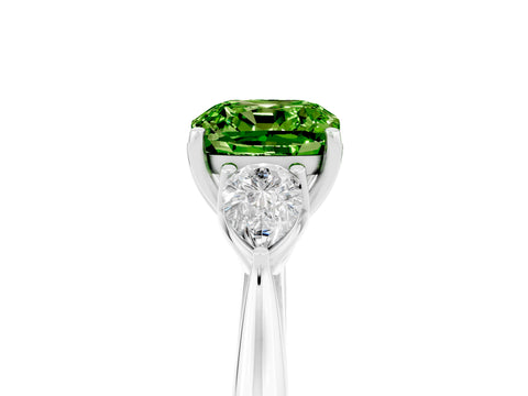 White gold Cushion Cut Peridot Three-Stone Ring with Pear Side Stones and Four-Prong Setting_17