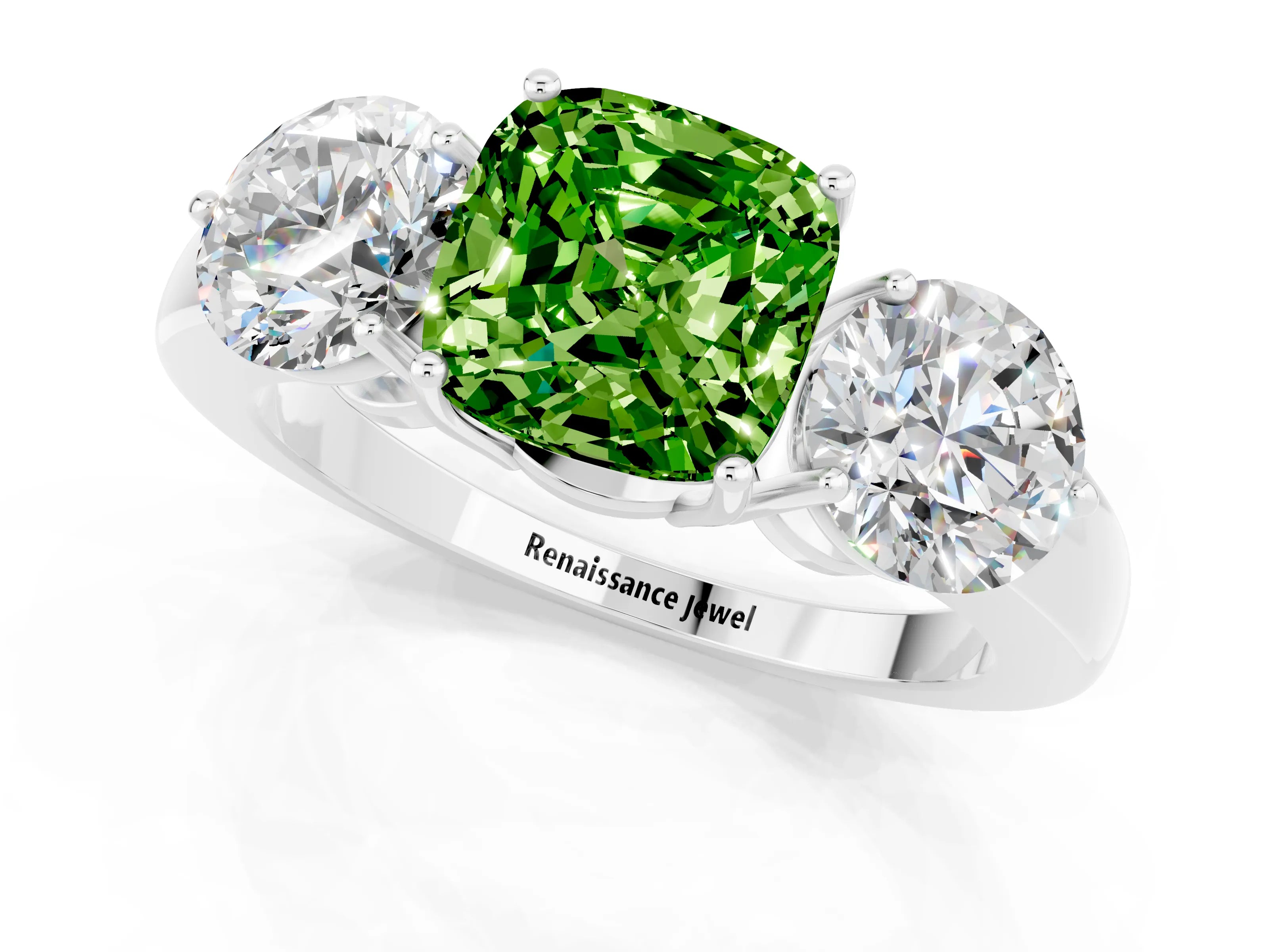 White gold Cushion Cut Peridot Three-Stone Ring with Prong Setting and Classic Band_1