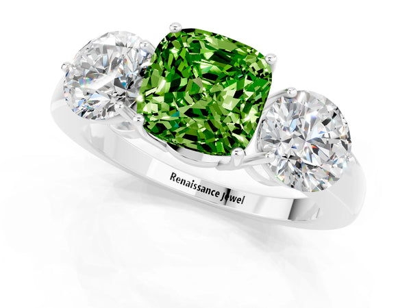 Silver Cushion Cut Peridot Three-Stone Ring with Prong Setting and Classic Band