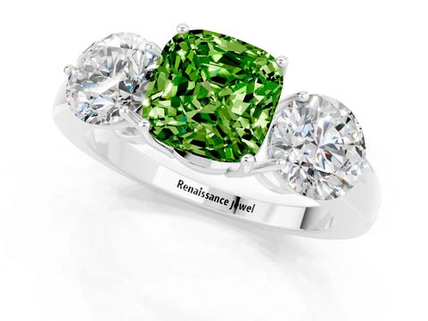 White gold Cushion Cut Peridot Three-Stone Ring with Prong Setting and Classic Band_1