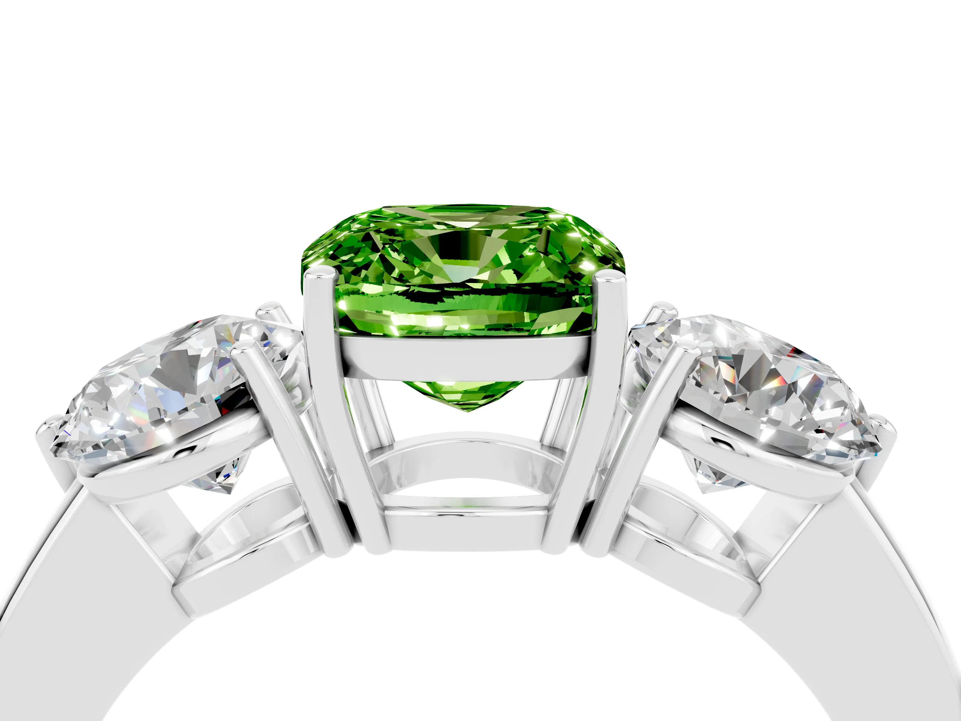 White gold Cushion Cut Peridot Three-Stone Ring with Prong Setting and Classic Band_4