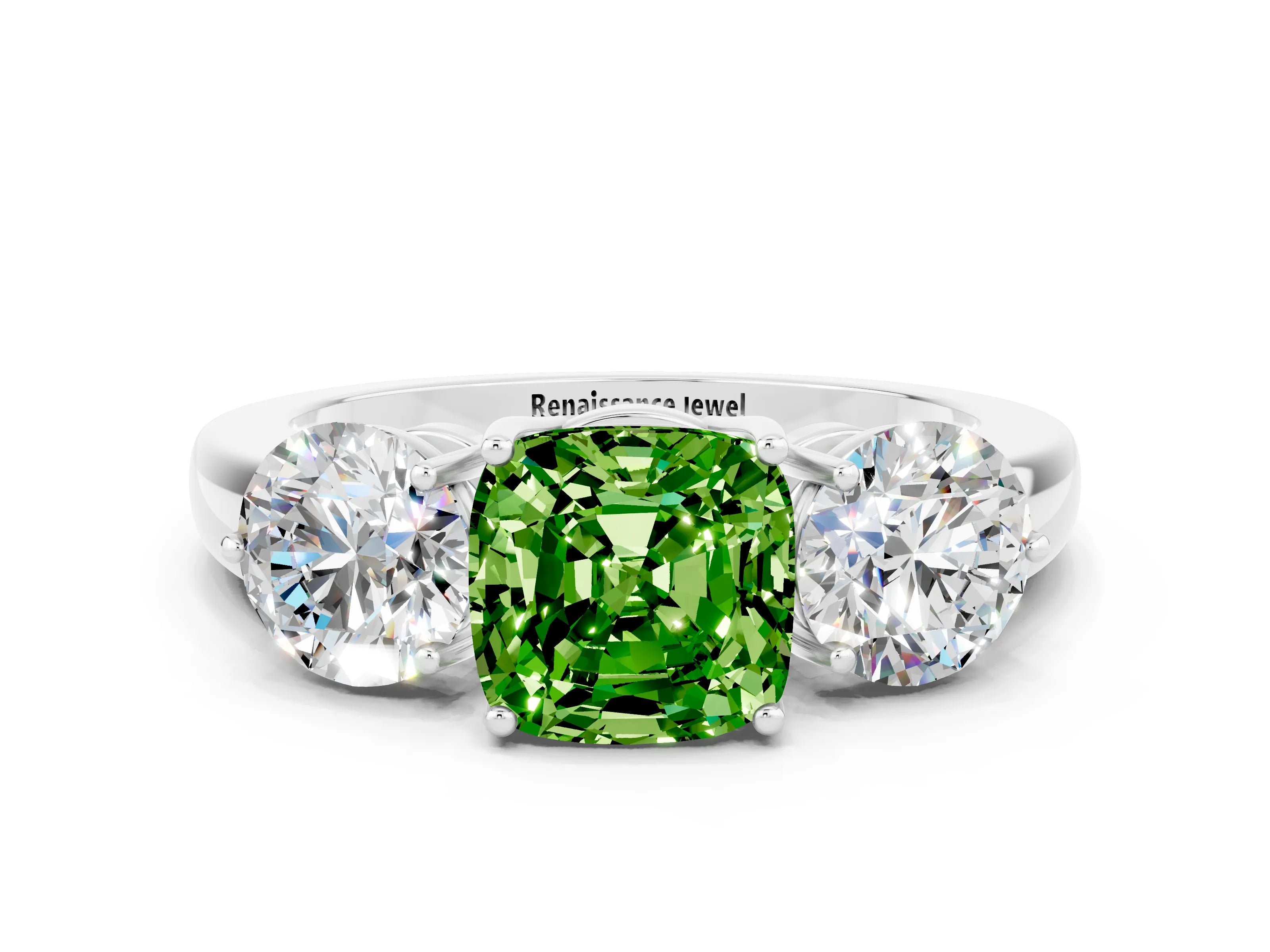 White gold Cushion Cut Peridot Three-Stone Ring with Prong Setting and Classic Band