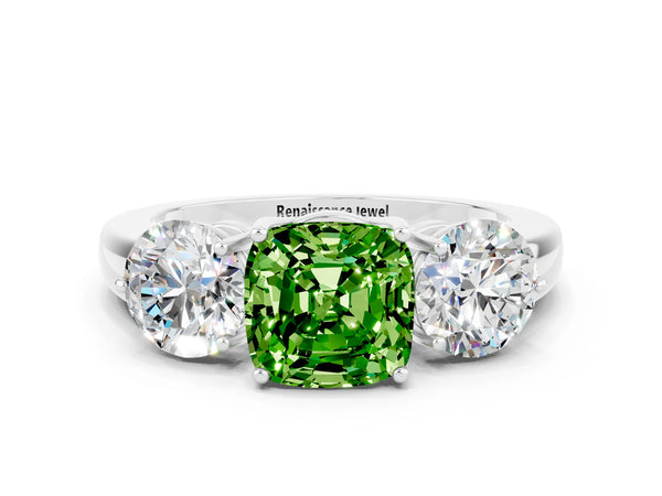 White gold Cushion Cut Peridot Three-Stone Ring with Prong Setting and Classic Band