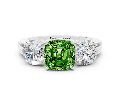 White gold Cushion Cut Peridot Three-Stone Ring with Prong Setting and Classic Band