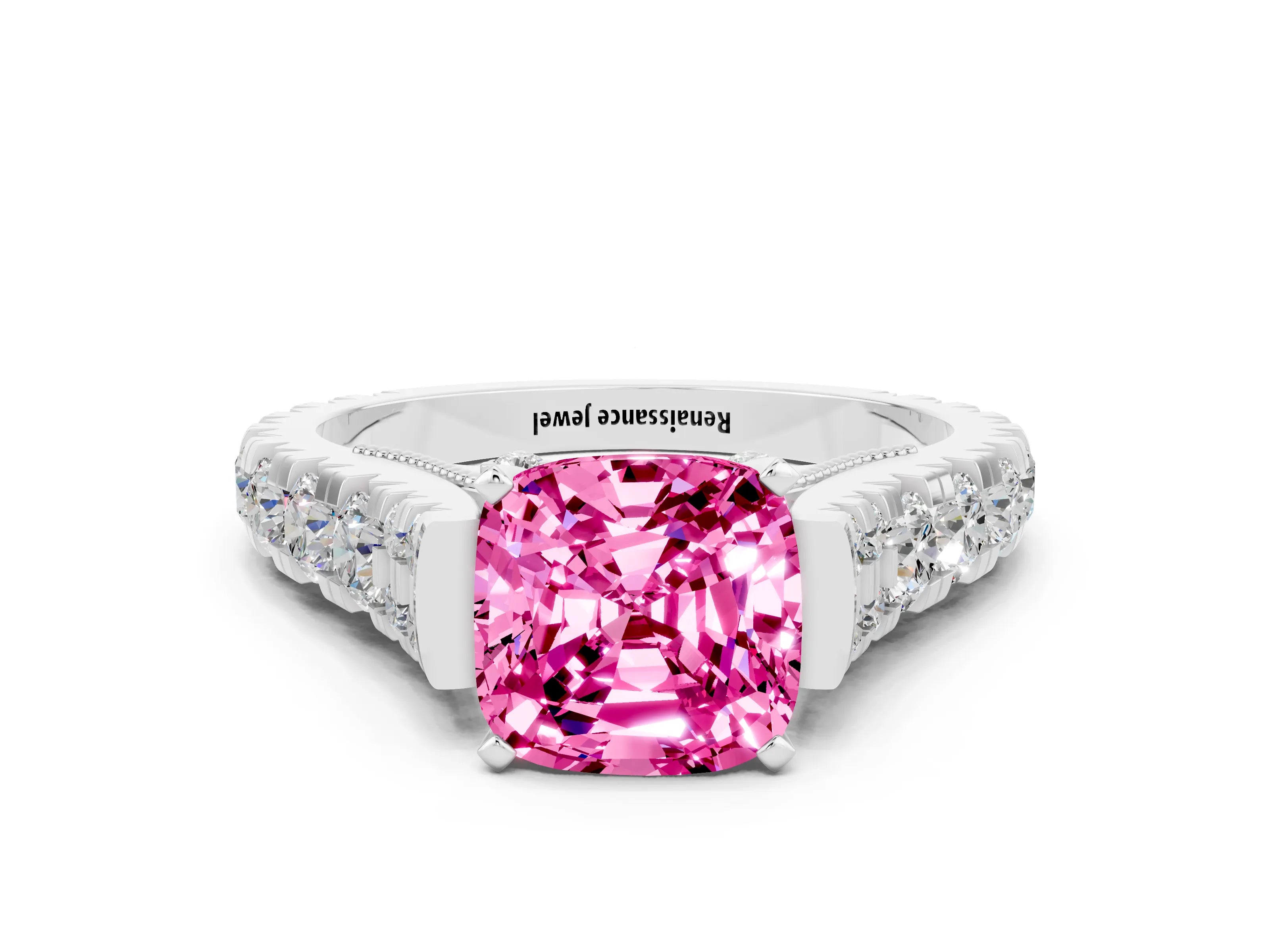 White gold Cushion Cut Pink Sapphire Classic Solitaire Ring with Pavé Band and Four-Prong Setting_12