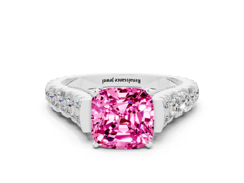 White gold Cushion Cut Pink Sapphire Classic Solitaire Ring with Pavé Band and Four-Prong Setting_12