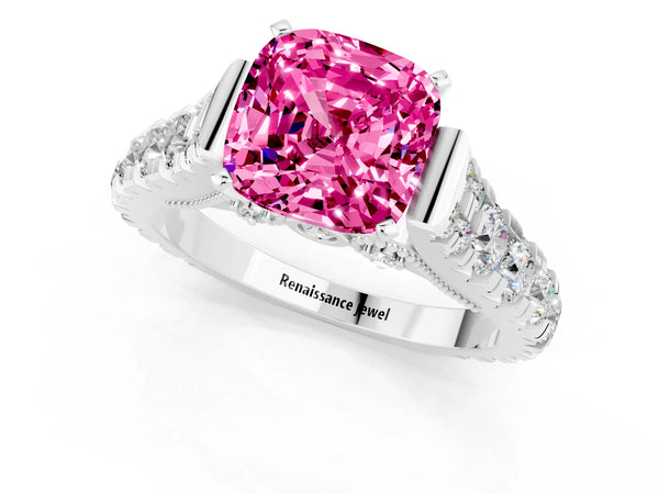 Platinum Cushion Cut Pink Sapphire Classic Solitaire Ring with Pavé Band and Four-Prong Setting