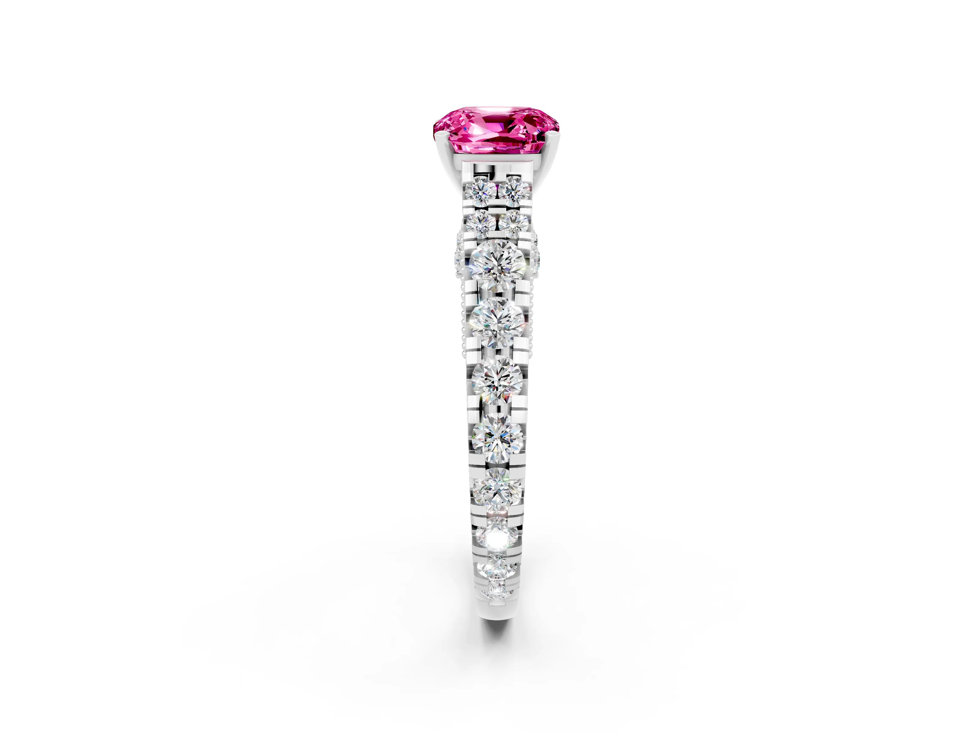 White gold Cushion Cut Pink Sapphire Classic Solitaire Ring with Pavé Band and Four-Prong Setting_14