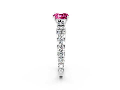 White gold Cushion Cut Pink Sapphire Classic Solitaire Ring with Pavé Band and Four-Prong Setting_14