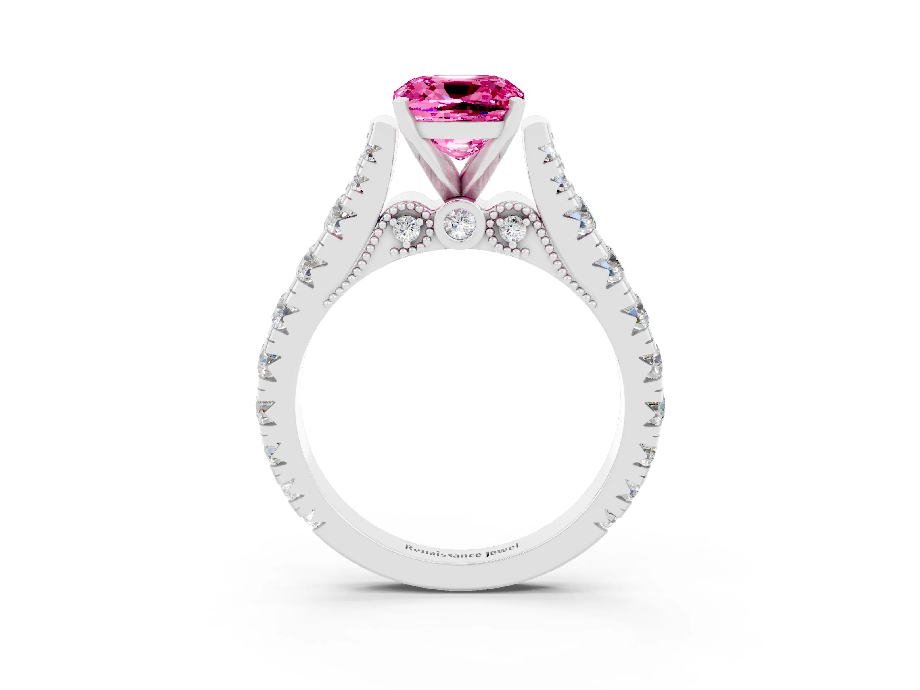 White gold Cushion Cut Pink Sapphire Classic Solitaire Ring with Pavé Band and Four-Prong Setting_15