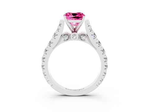 White gold Cushion Cut Pink Sapphire Classic Solitaire Ring with Pavé Band and Four-Prong Setting_15