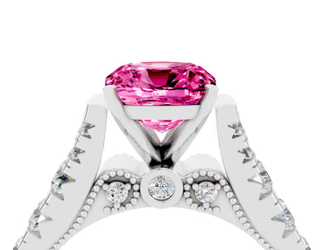 White gold Cushion Cut Pink Sapphire Classic Solitaire Ring with Pavé Band and Four-Prong Setting_16