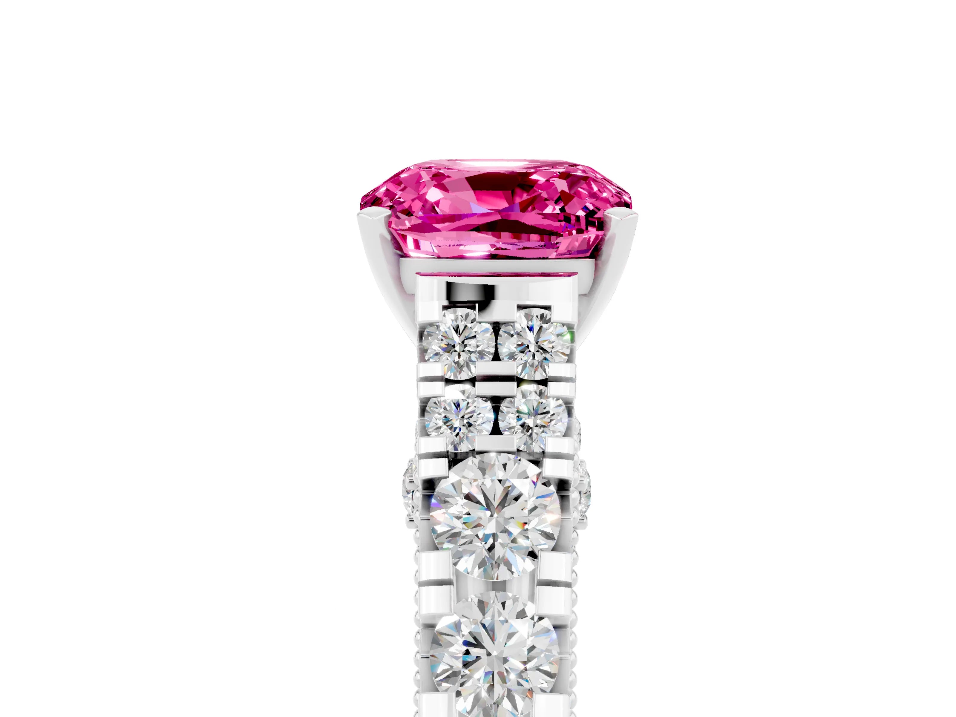 White gold Cushion Cut Pink Sapphire Classic Solitaire Ring with Pavé Band and Four-Prong Setting_17