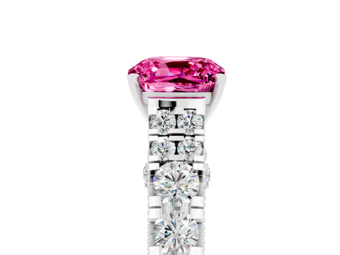 White gold Cushion Cut Pink Sapphire Classic Solitaire Ring with Pavé Band and Four-Prong Setting_17