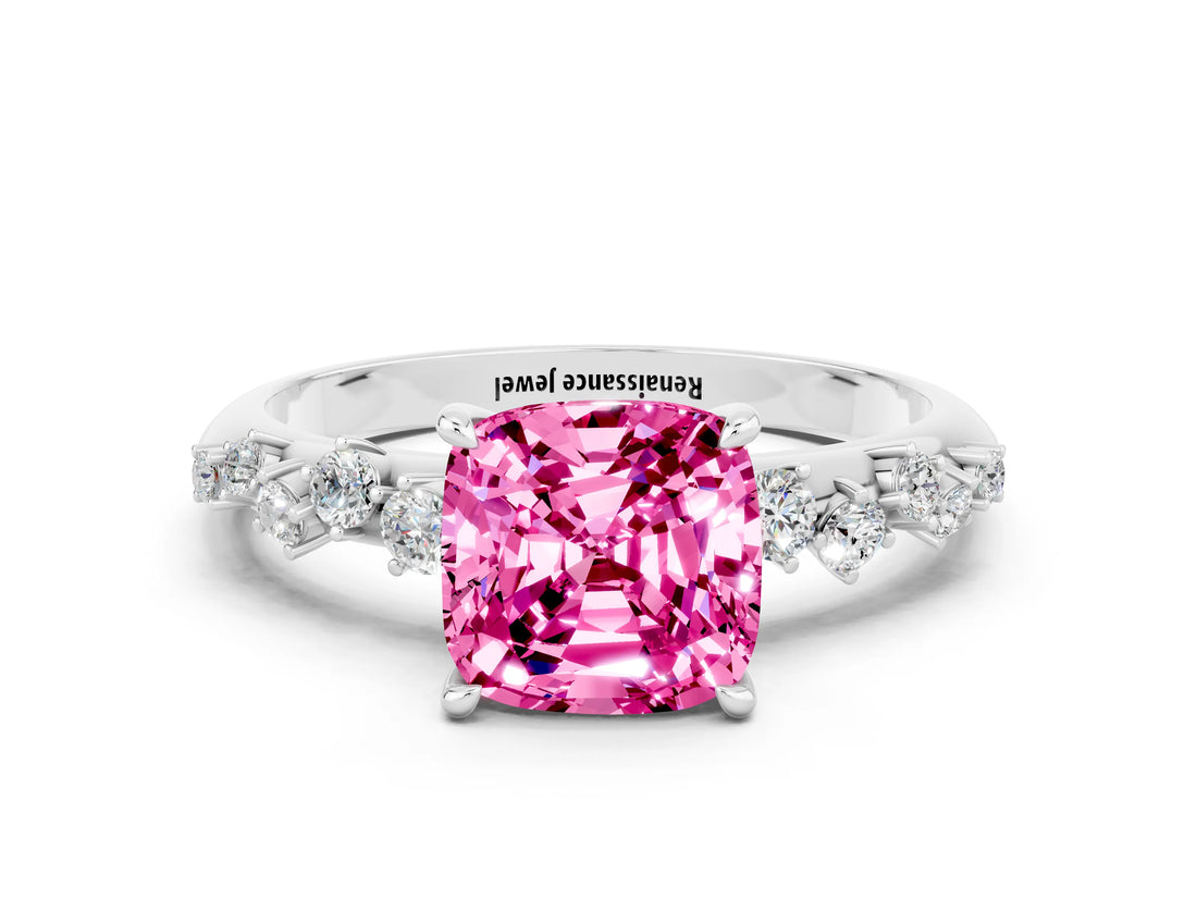 White gold Cushion Cut Pink Sapphire Cluster Side Stone Solitaire Ring with Prong Setting_48