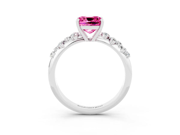 Platinum Cushion Cut Pink Sapphire Cluster Side Stone Solitaire Ring with Prong Setting