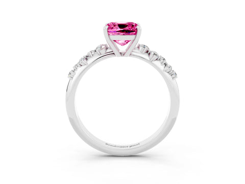 White gold Cushion Cut Pink Sapphire Cluster Side Stone Solitaire Ring with Prong Setting_51