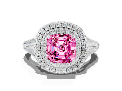 White gold Cushion Cut Pink Sapphire Double Halo Ring with Pavé Band and Prong Setting_12