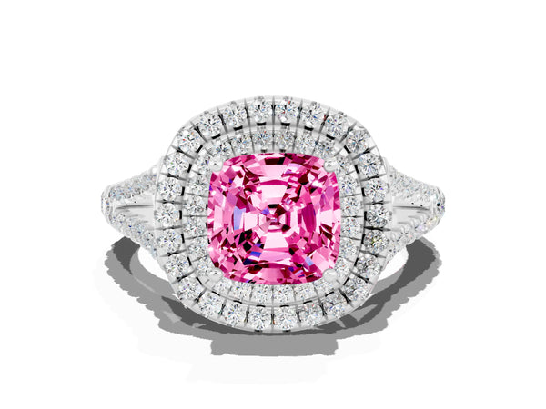Silver Cushion Cut Pink Sapphire Double Halo Ring with Pavé Band and Prong Setting