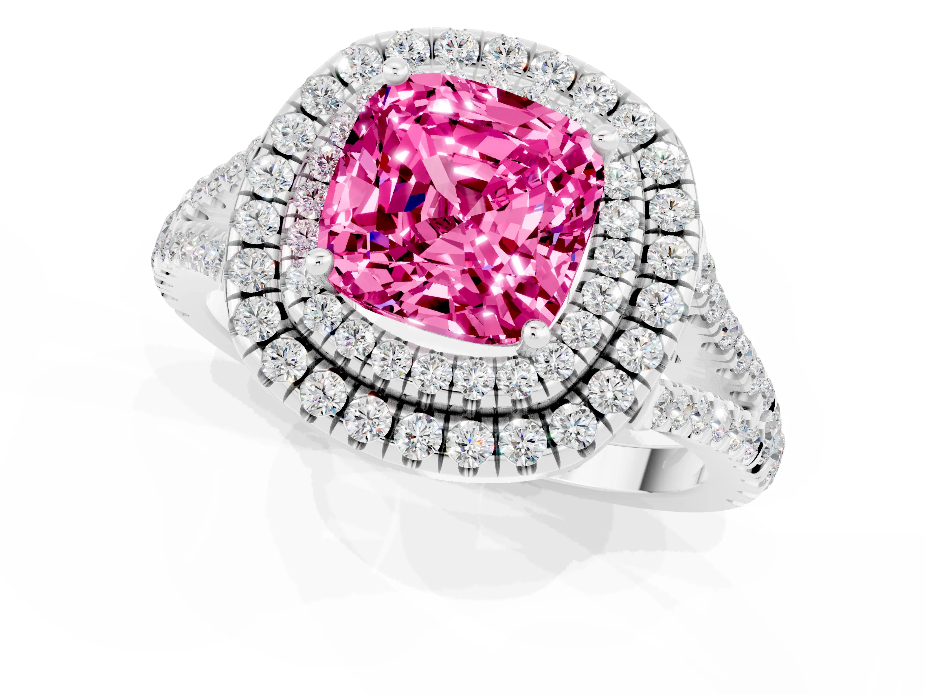 White gold Cushion Cut Pink Sapphire Double Halo Ring with Pavé Band and Prong Setting_13