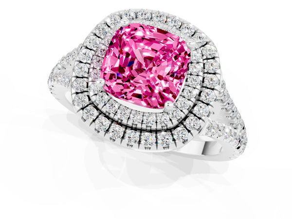 Platinum Cushion Cut Pink Sapphire Double Halo Ring with Pavé Band and Prong Setting