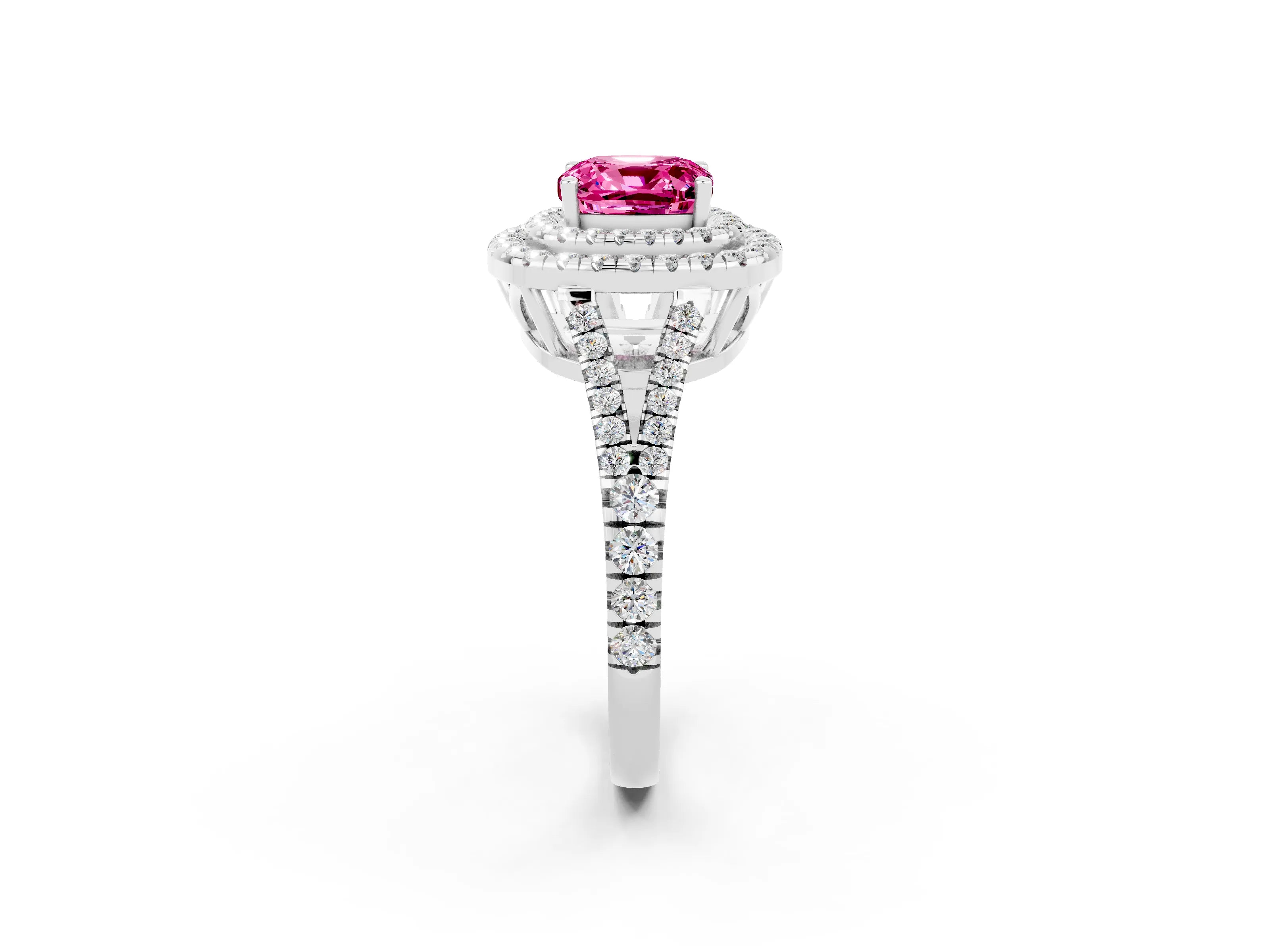 White gold Cushion Cut Pink Sapphire Double Halo Ring with Pavé Band and Prong Setting_14