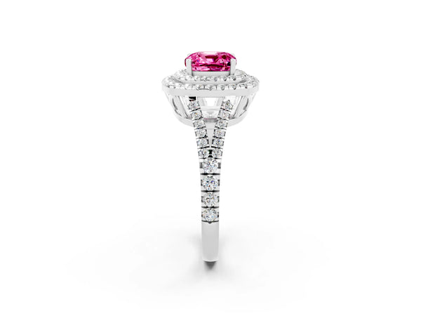 Silver Cushion Cut Pink Sapphire Double Halo Ring with Pavé Band and Prong Setting