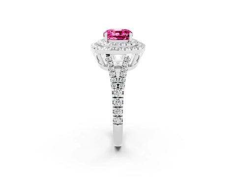 White gold Cushion Cut Pink Sapphire Double Halo Ring with Pavé Band and Prong Setting_14