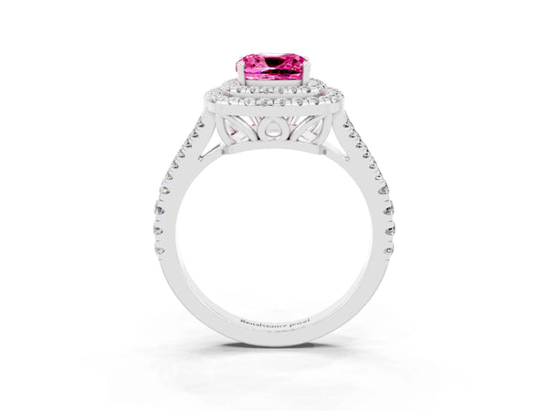 Platinum Cushion Cut Pink Sapphire Double Halo Ring with Pavé Band and Prong Setting