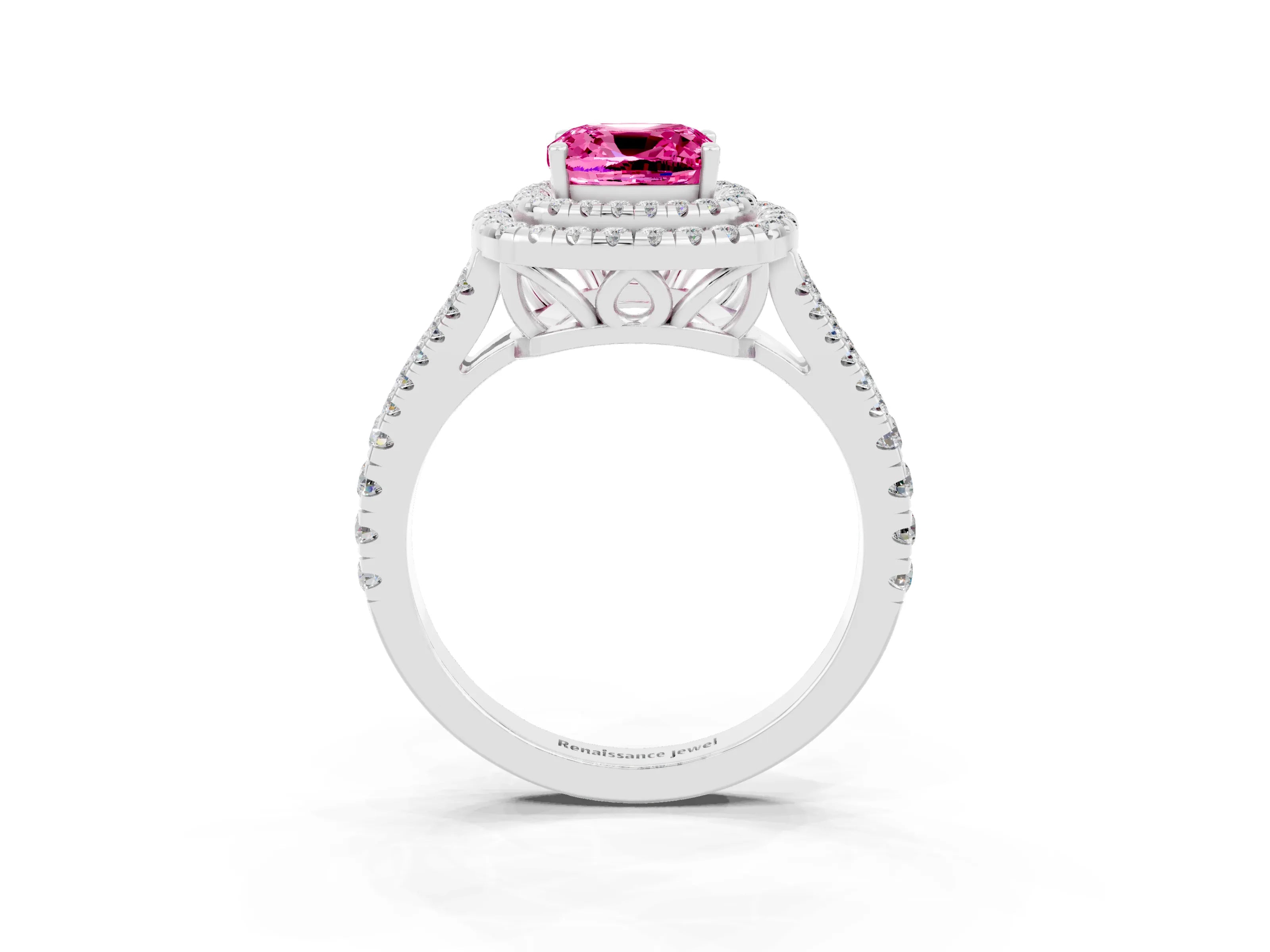 White gold Cushion Cut Pink Sapphire Double Halo Ring with Pavé Band and Prong Setting_15