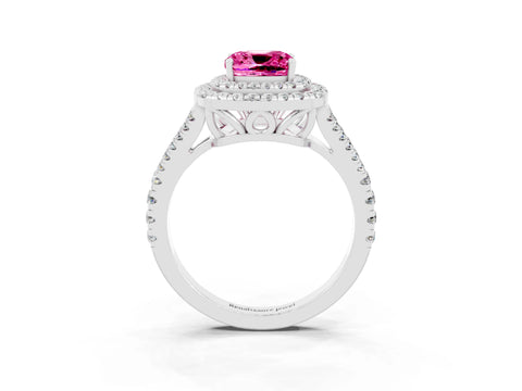 White gold Cushion Cut Pink Sapphire Double Halo Ring with Pavé Band and Prong Setting_15