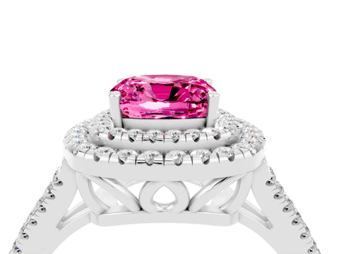 White gold Cushion Cut Pink Sapphire Double Halo Ring with Pavé Band and Prong Setting_16