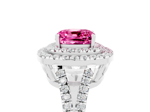 White gold Cushion Cut Pink Sapphire Double Halo Ring with Pavé Band and Prong Setting_17