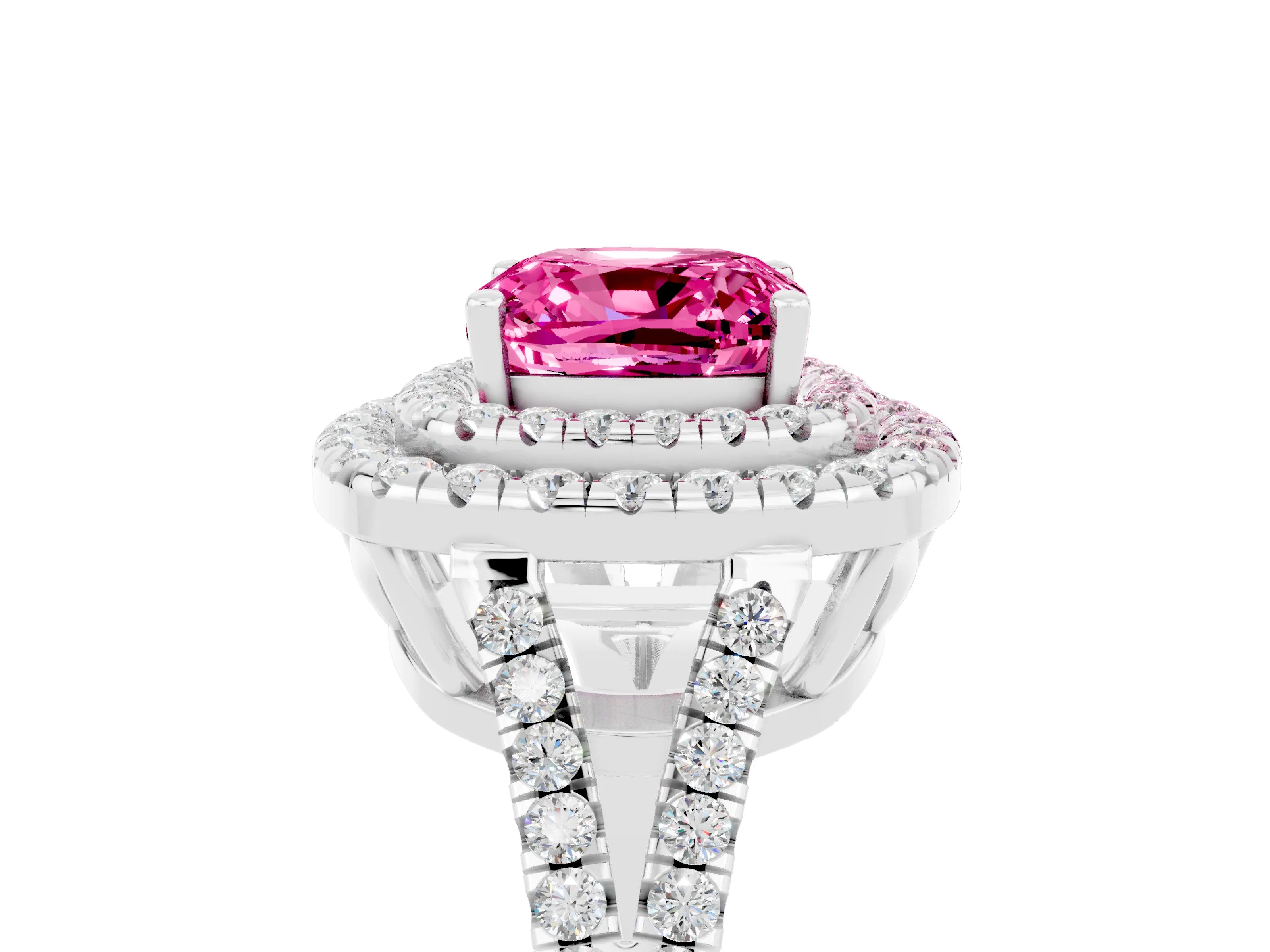 White gold Cushion Cut Pink Sapphire Double Halo Ring with Pavé Band and Prong Setting_17