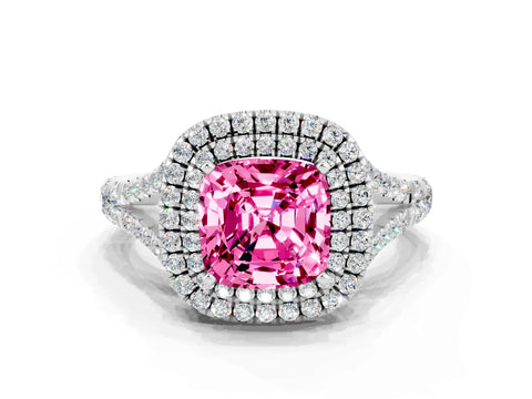 White gold Cushion Cut Pink Sapphire Double Halo Ring with Split Shank and Prong Setting_12
