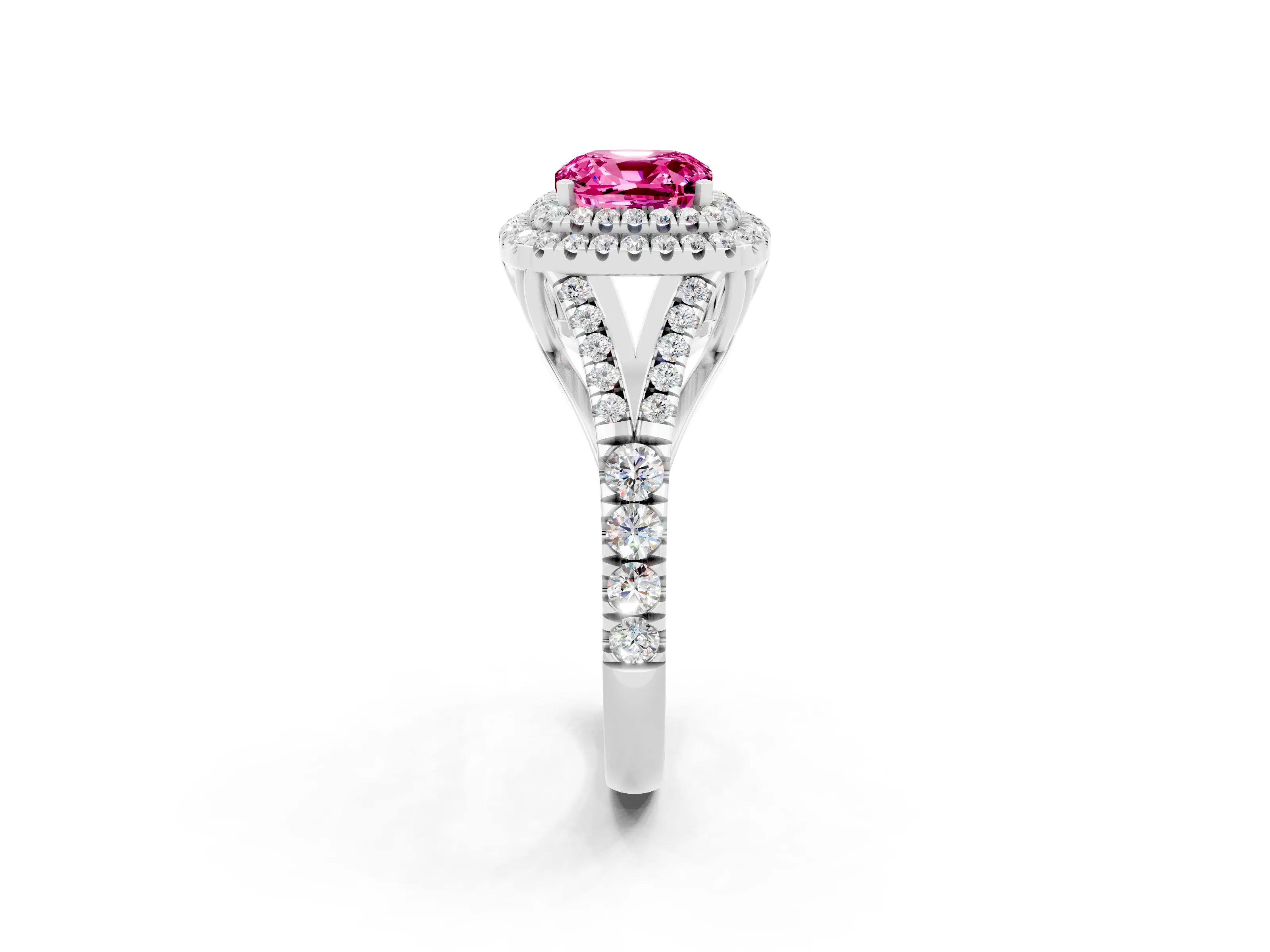 White gold Cushion Cut Pink Sapphire Double Halo Ring with Split Shank and Prong Setting_14