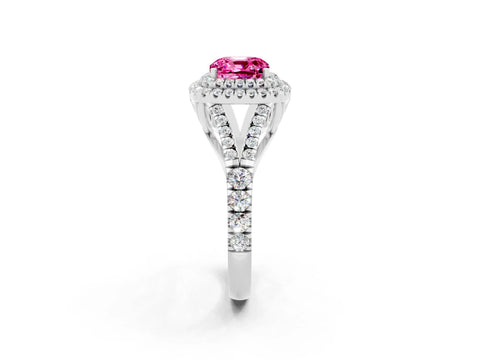 White gold Cushion Cut Pink Sapphire Double Halo Ring with Split Shank and Prong Setting_14