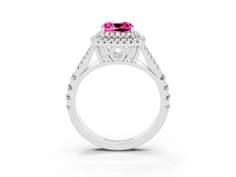 White gold Cushion Cut Pink Sapphire Double Halo Ring with Split Shank and Prong Setting_15