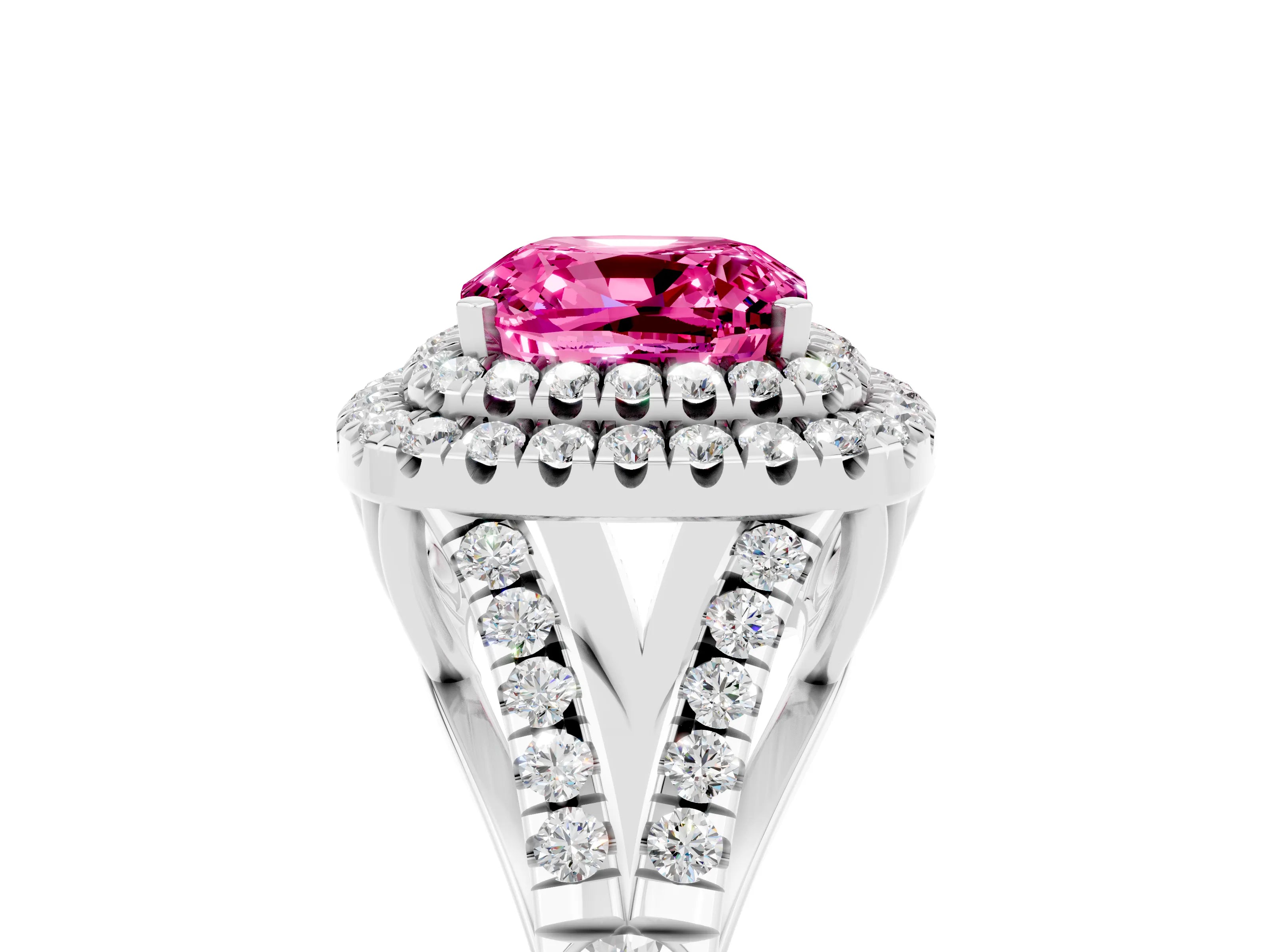 White gold Cushion Cut Pink Sapphire Double Halo Ring with Split Shank and Prong Setting_17