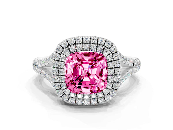 White gold Cushion Cut Pink Sapphire Double Halo Ring with Split Shank and Prong Setting