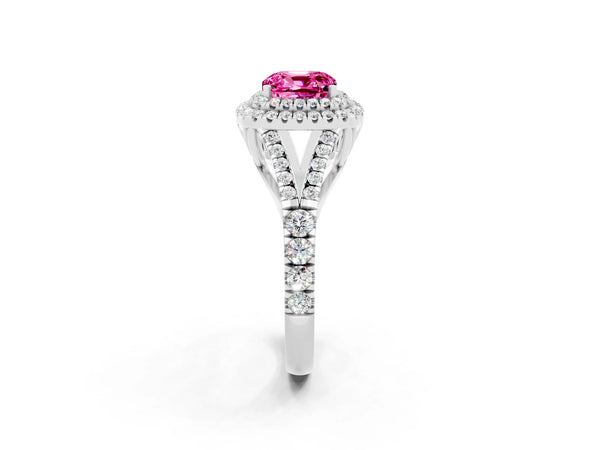 White gold Cushion Cut Pink Sapphire Double Halo Ring with Split Shank and Prong Setting