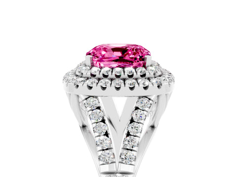 White gold Cushion Cut Pink Sapphire Double Halo Ring with Split Shank and Prong Setting_29