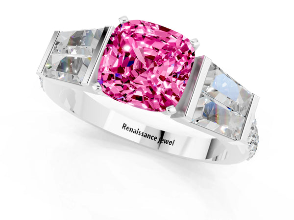 Platinum Cushion Cut Pink Sapphire Engagement Ring with Baguette Side Stones and Channel Set Band