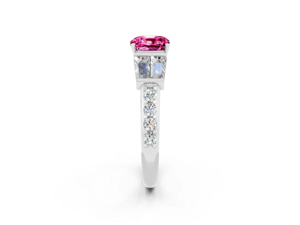 Platinum Cushion Cut Pink Sapphire Engagement Ring with Baguette Side Stones and Channel Set Band