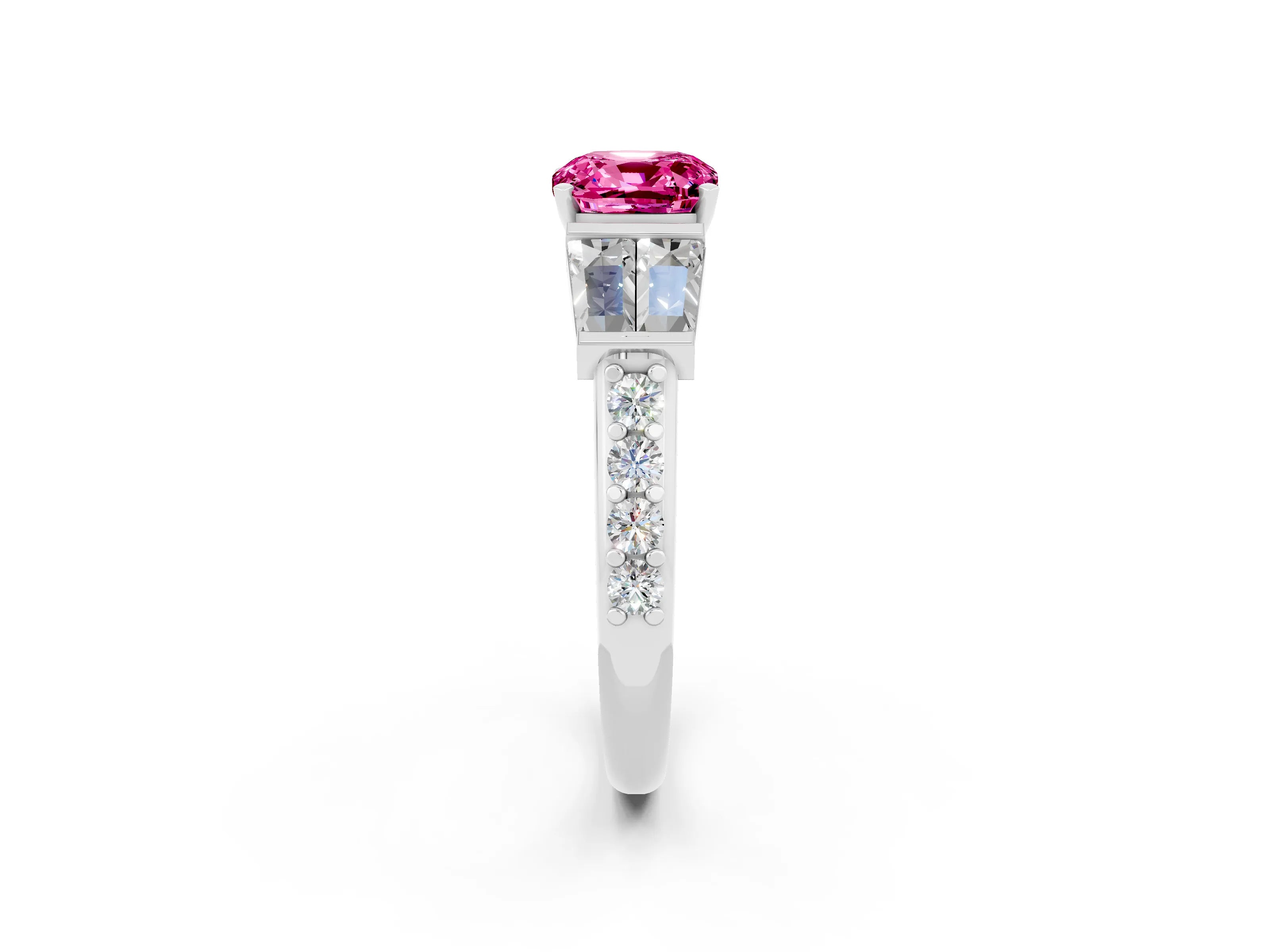 White gold Cushion Cut Pink Sapphire Engagement Ring with Baguette Side Stones and Channel Set Band_2