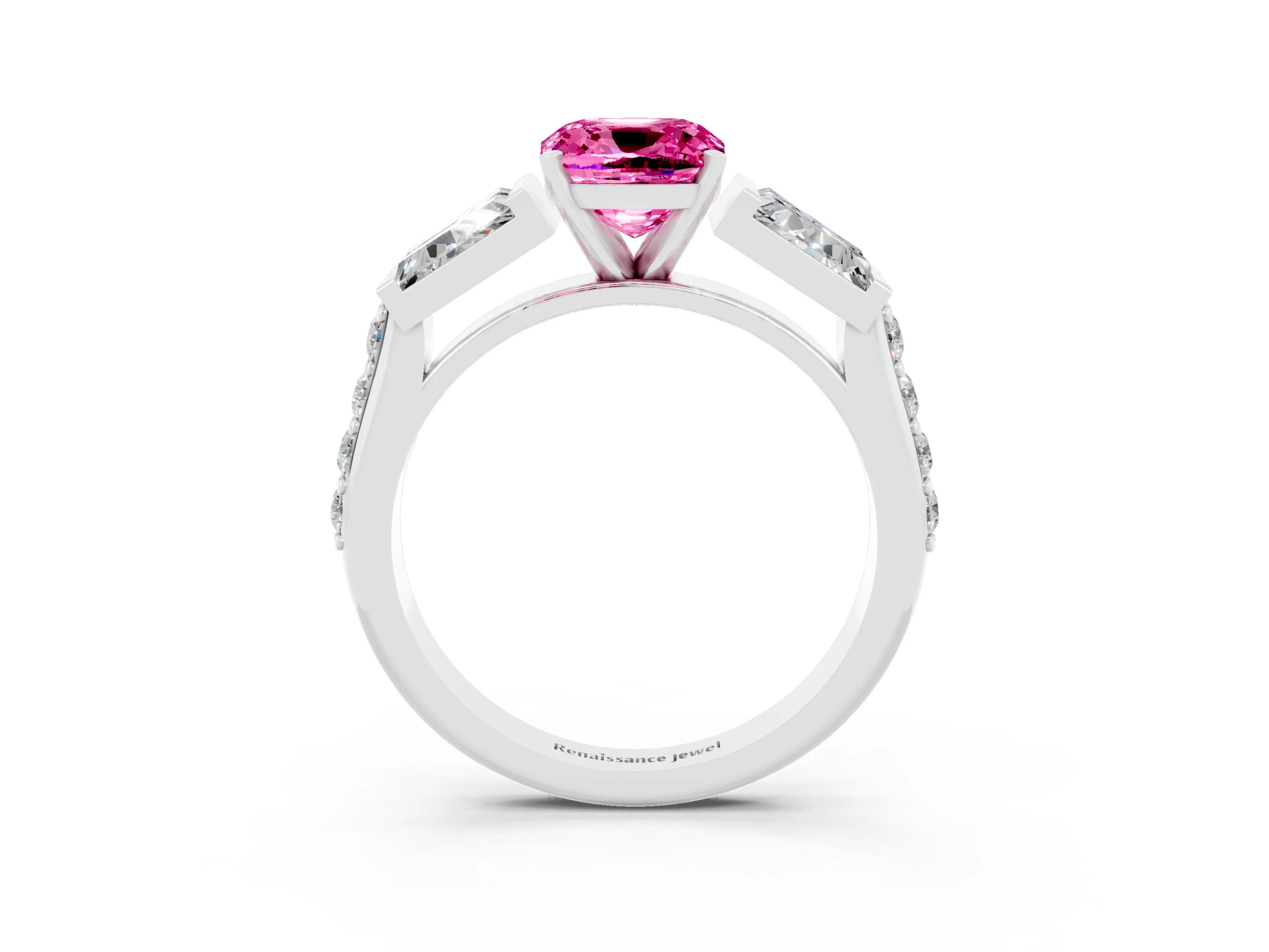 White gold Cushion Cut Pink Sapphire Engagement Ring with Baguette Side Stones and Channel Set Band_3