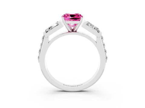White gold Cushion Cut Pink Sapphire Engagement Ring with Baguette Side Stones and Channel Set Band_3