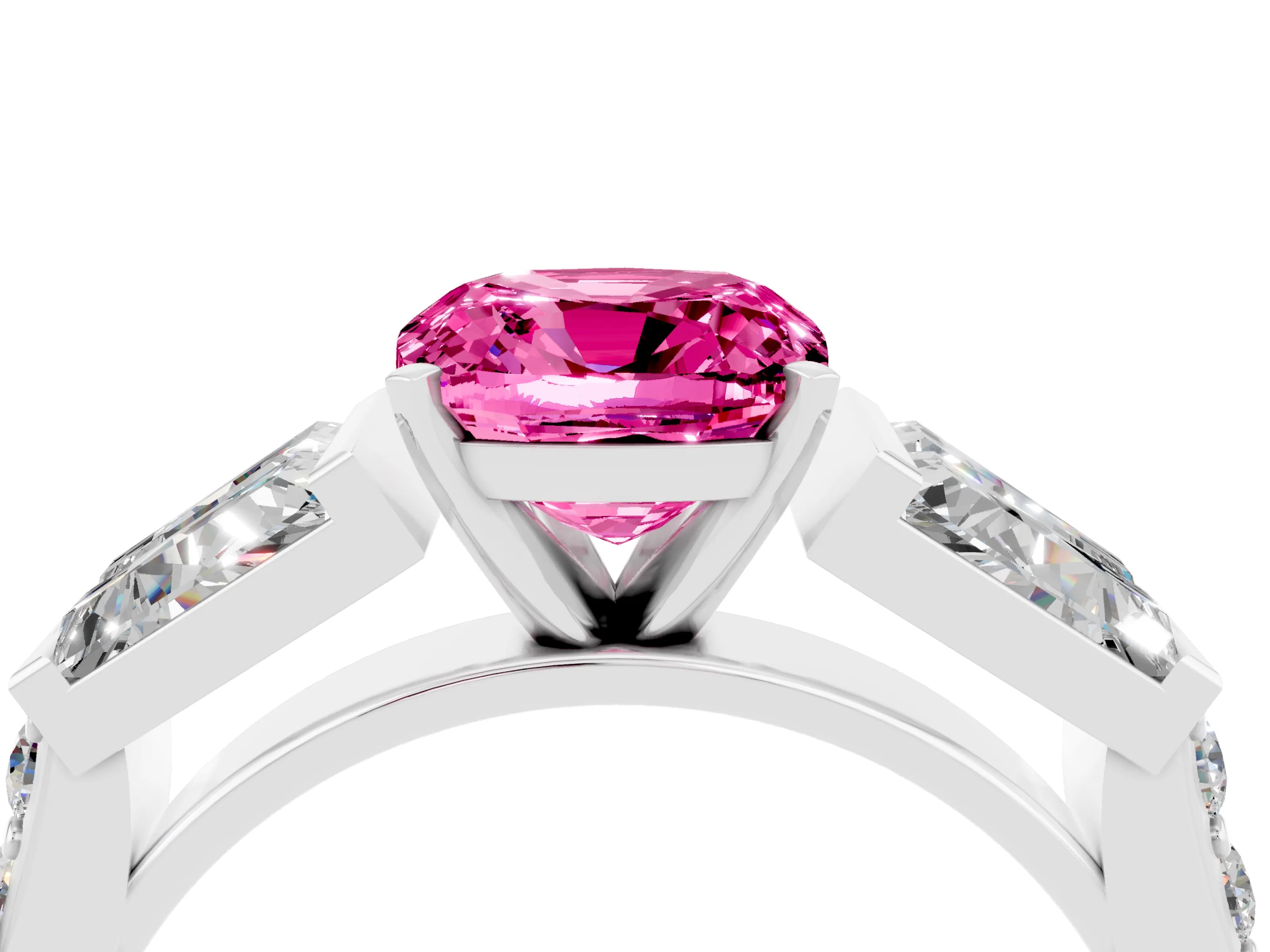 White gold Cushion Cut Pink Sapphire Engagement Ring with Baguette Side Stones and Channel Set Band_4
